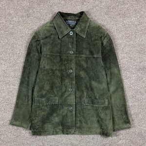 Y2K Giacca Green Suede Leather Button Front Shirt Chore Barn Jacket Womens Large